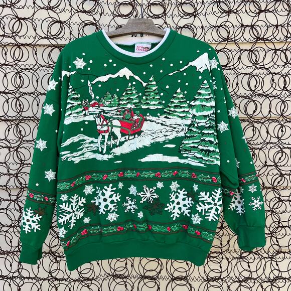 VTG puff print Christmas holiday scene sleigh ride in the mountains sweatshirt M - Picture 1 of 8